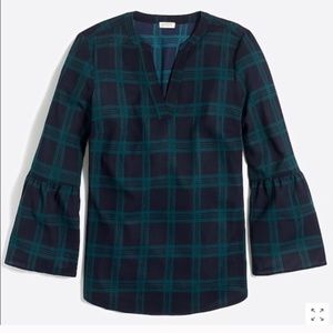 NWT J Crew Plaid Navy Bell Sleeve Top Blouse Small